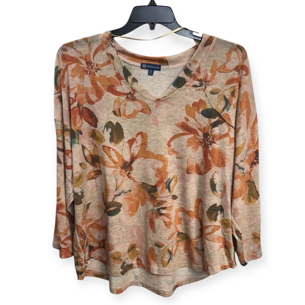 Democracy Women’s Orange and Cream Floral Long Sleeve Top‎ Size 2X *2203